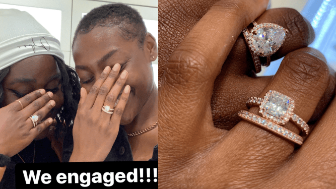 Two ladies show off their rings to announce their engagement to each other